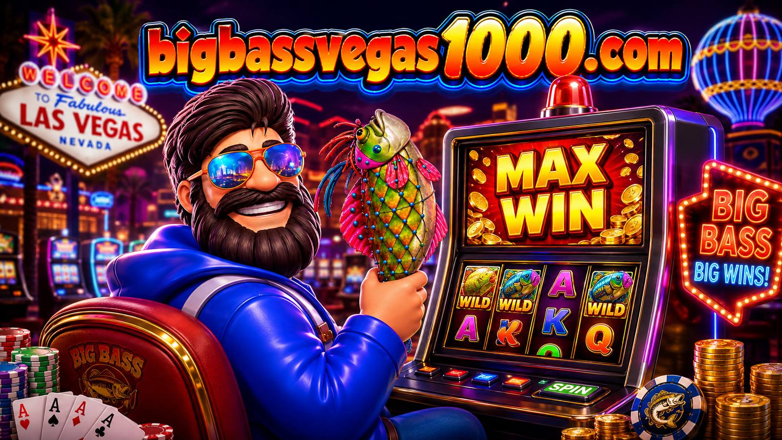 Big Bass Vegas 1000 — fisherman beside a MAX WIN slot machine with wild fish symbols in Las Vegas