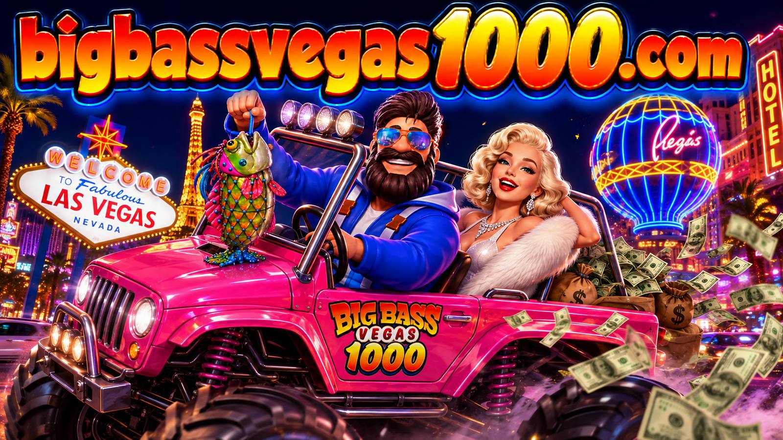 Big Bass Vegas 1000 Pragmatic Play slot — the fisherman driving through neon Las Vegas with his lucky fish